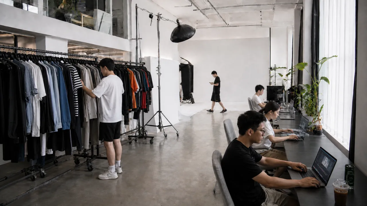 北三环摄影工作室全景。造型区衣杆、棚灯和后期工位在同一层。