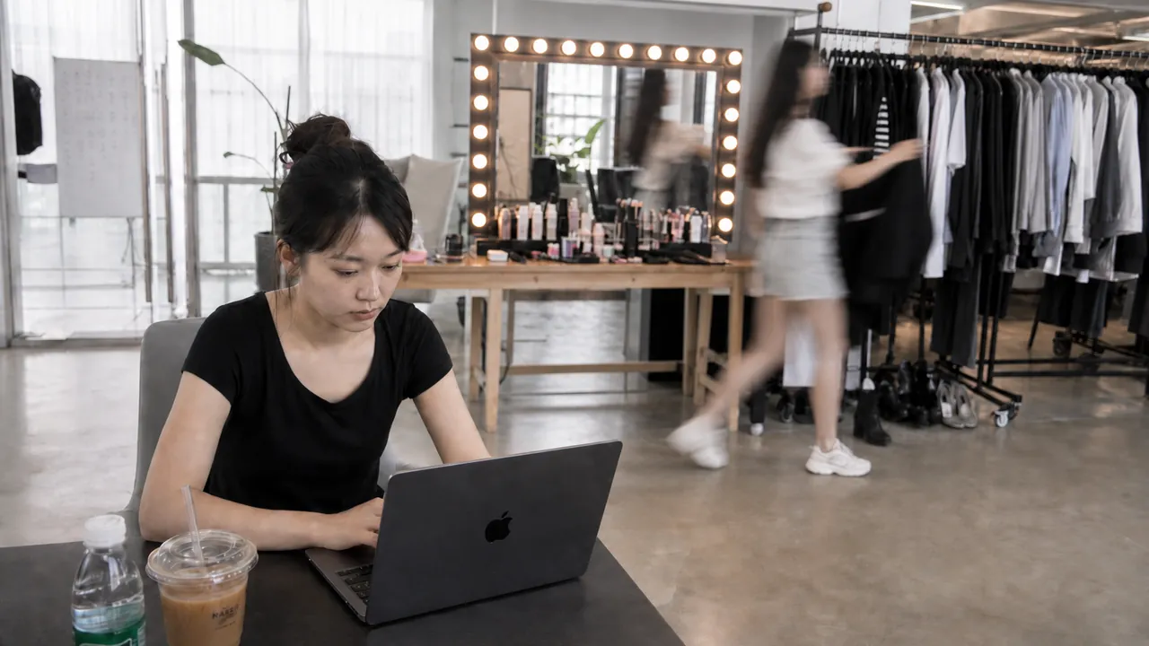 林夏对着 MacBook。身后化妆镜亮着，博主在换下一套。